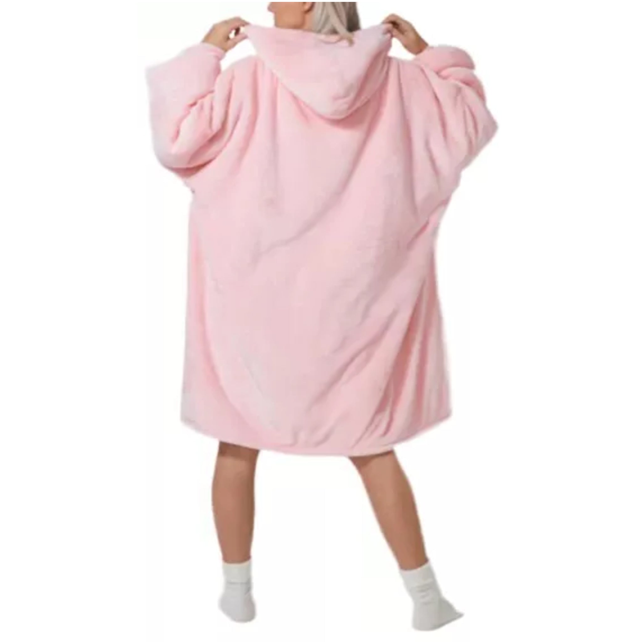 Ladies unisex oversized hoodie blanket snood snoodie in pink – soft fleece wearable blanket with hood and large pocket, cozy warm loungewear.